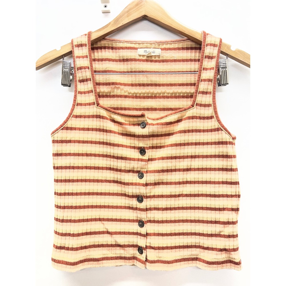 Madwell Womens Ribbed Striped Button Front Tank Top Square Neck Multi Color M